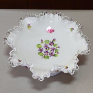 Vintage Fenton Violets in the Snow Milk Glass Ruffled Candy Bowl 8.5" Pedestal